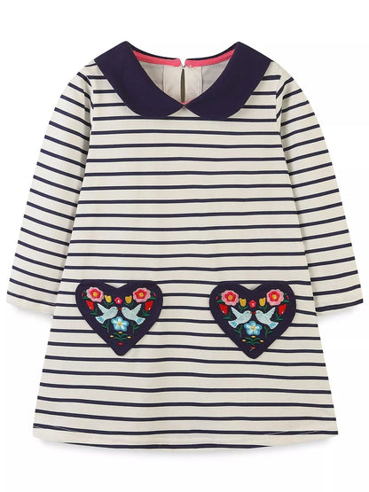 Children's Embroidered Striped Long Sleeve Dress