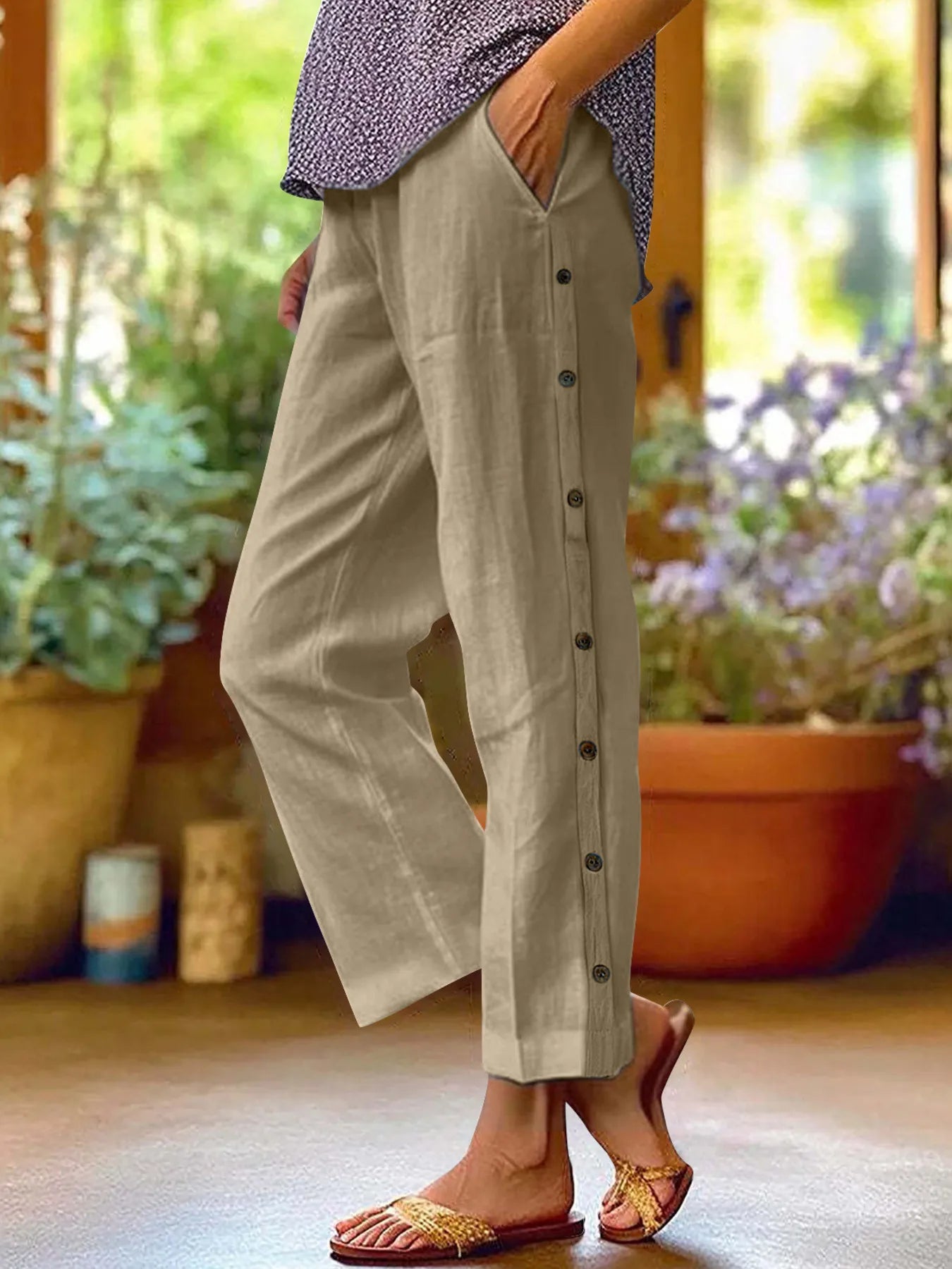 Full Size Side Decor Button Casual Wide Leg Pants Plus Size Khaki