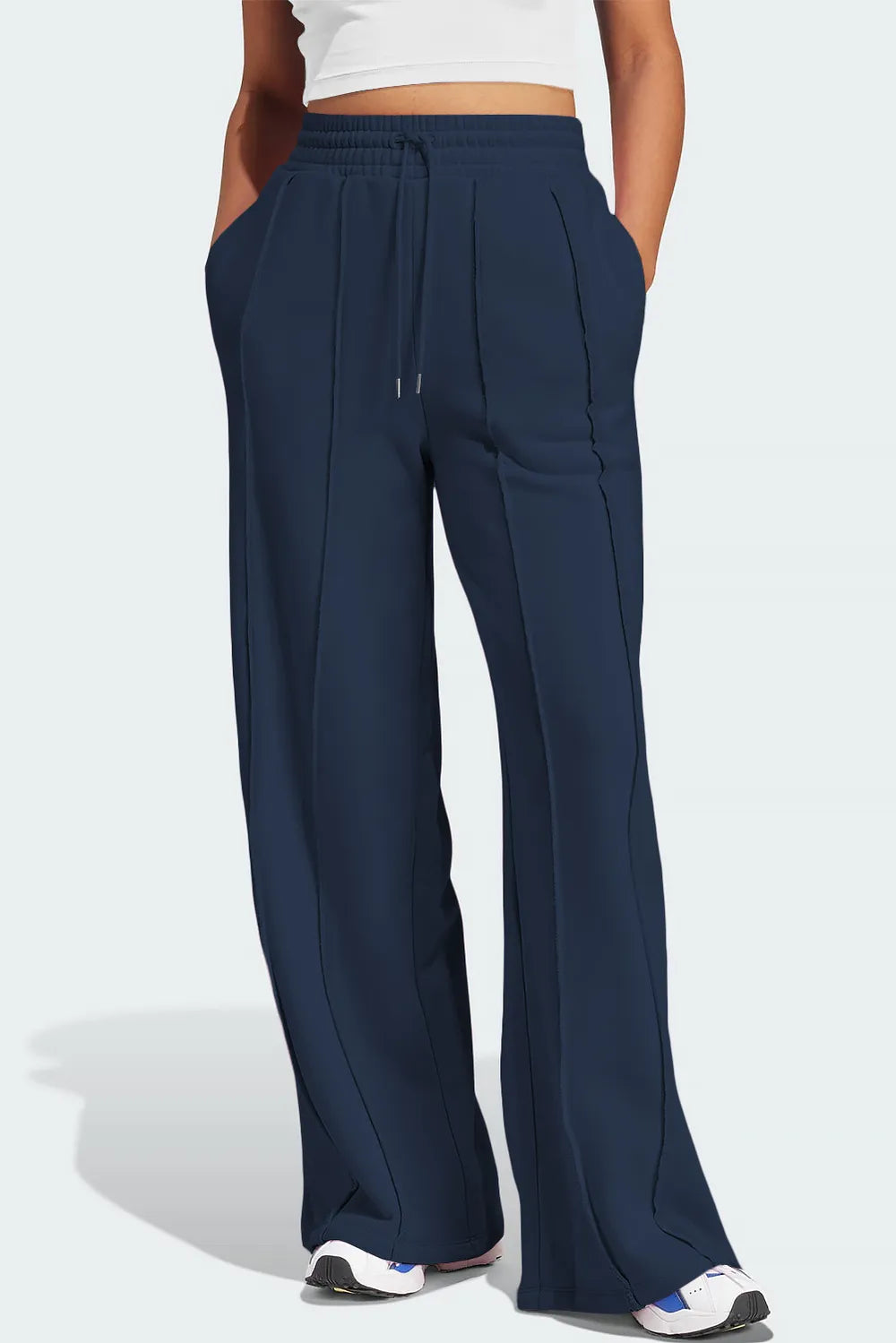 Drawstring Wide Leg Active Pants Dark Navy
