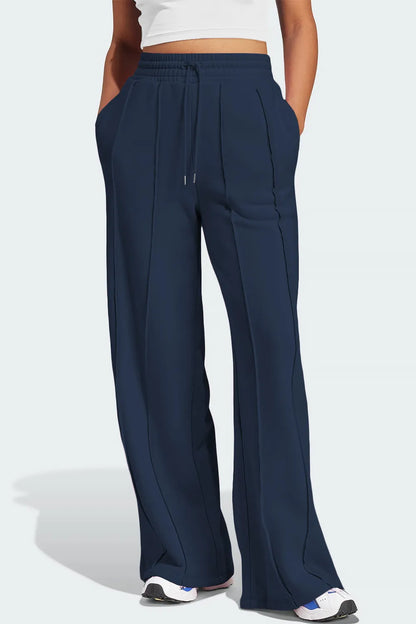 Drawstring Wide Leg Active Pants Dark Navy