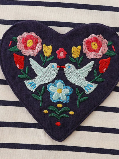 Children's Embroidered Striped Long Sleeve Dress