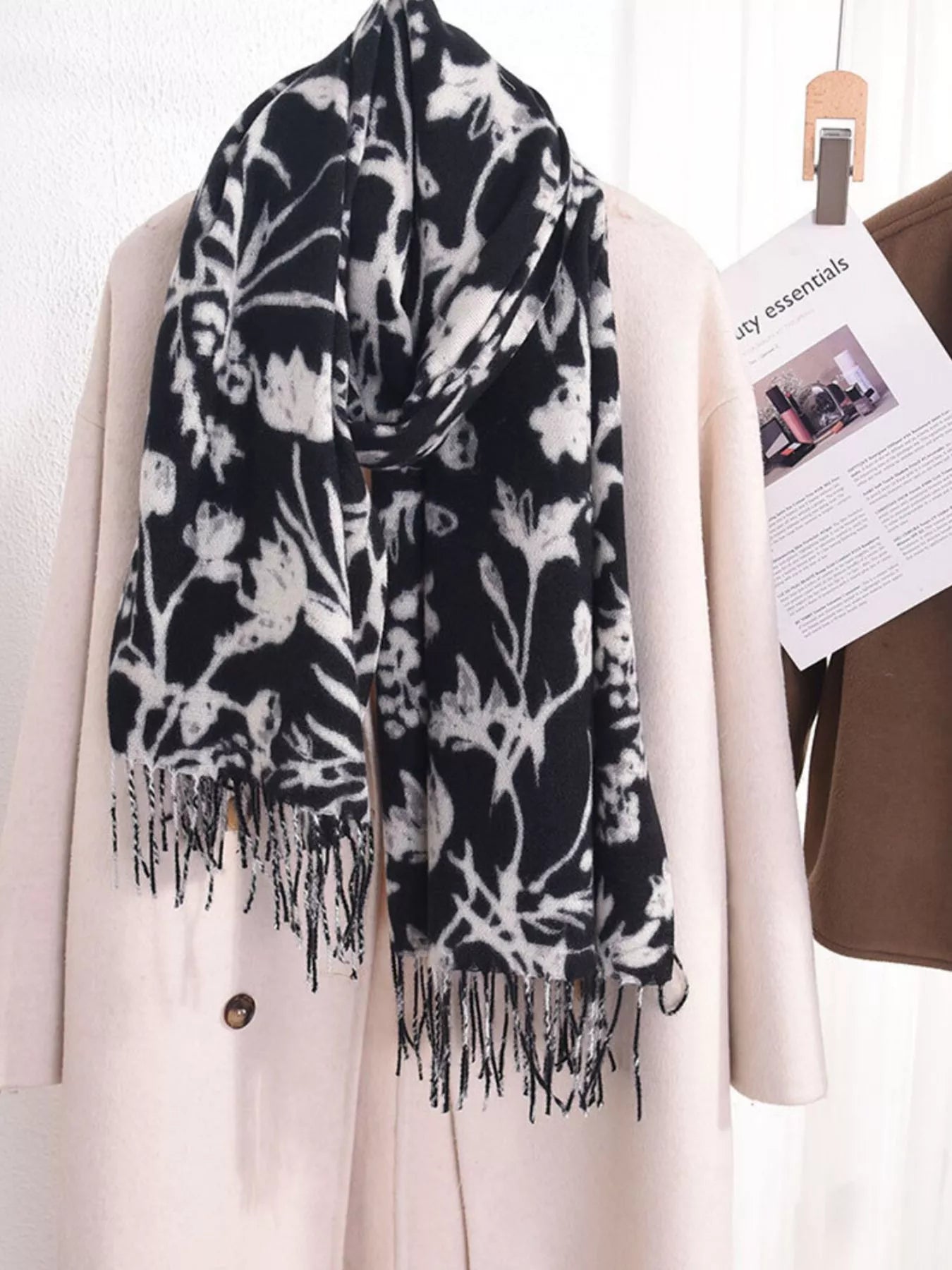 Floral Print Scarf with Fringe Detail