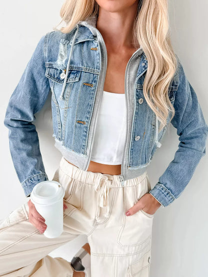 Distressed Zip Up Cropped Hooded Denim Jacket