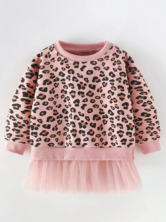 Children's Leopard Print Tulle Hem Sweatshirt Dusty Pink