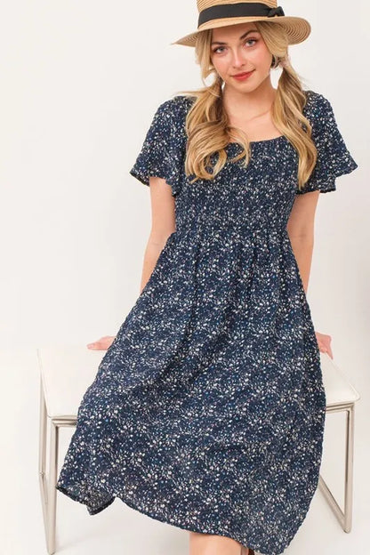 Lime 'N' Chili Smocked Floral Print Flutter Sleeve Midi Dress