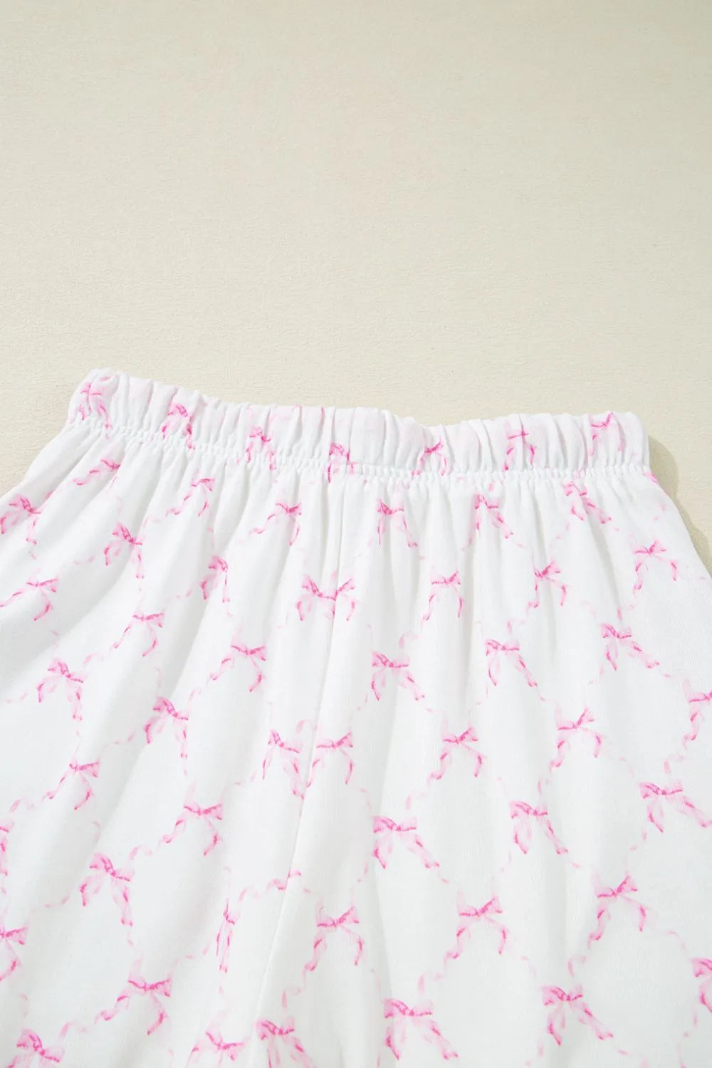 Bow Print Lettuce Trim Round Neck Top and Shorts Lounge Set