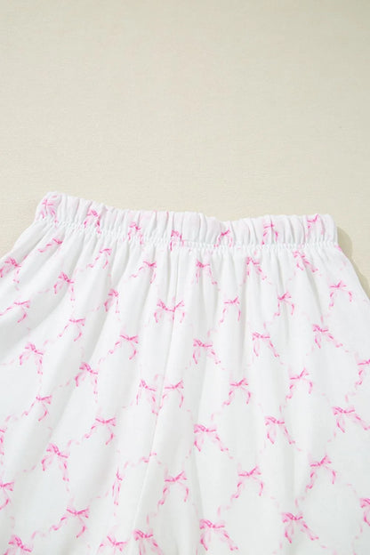 Bow Print Lettuce Trim Round Neck Top and Shorts Lounge Set