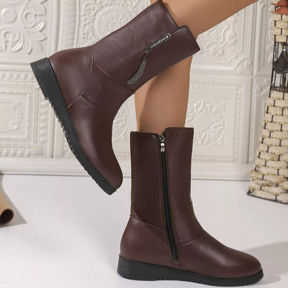 Round Toe Side Zip Boots Brown