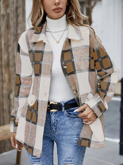 Plaid Button-Up Long Sleeve Shacket Camel