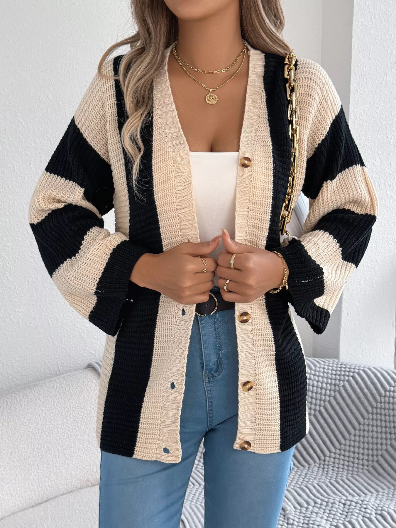 Color Block Button-Up Cardigan