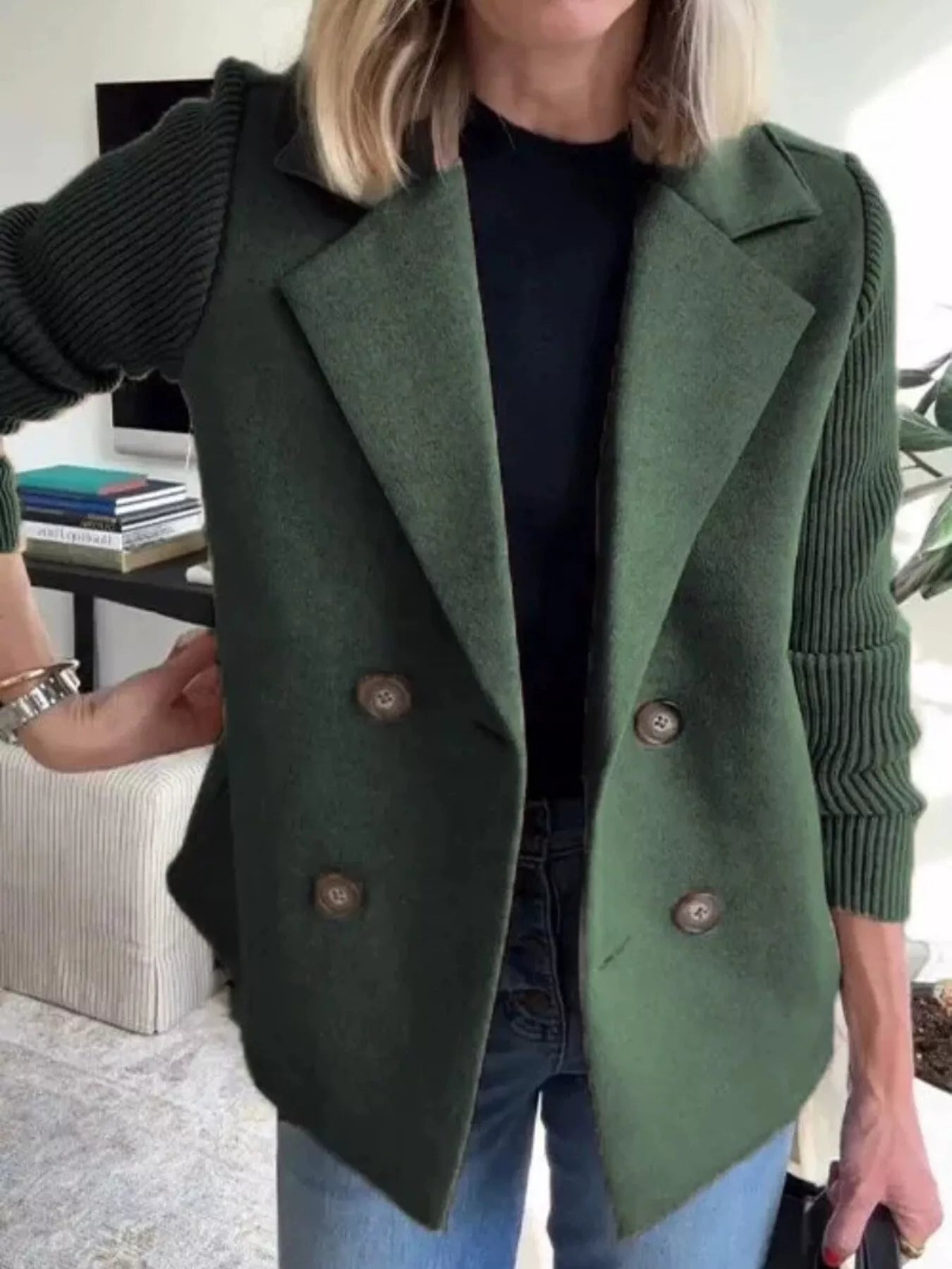 Full Size Knitted Sleeve Wool Blend Double-Breasted Blazer Plus Size Green