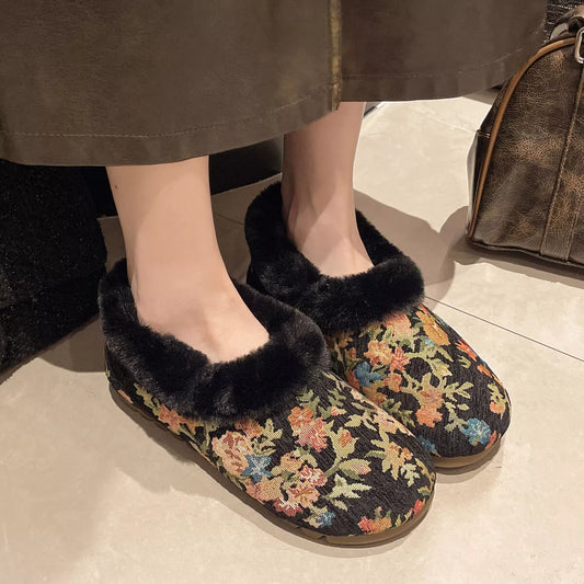 Floral Pattern Plush Lined Slip-Ons
