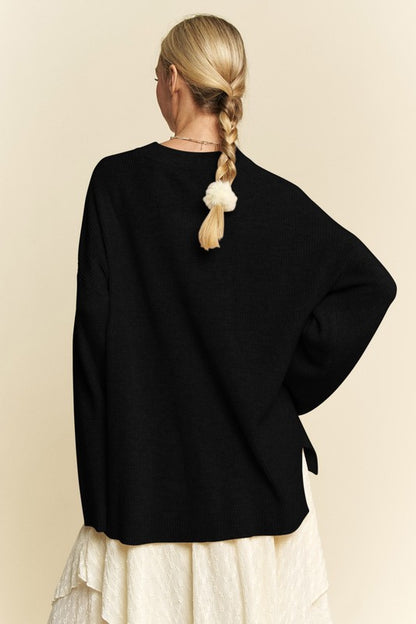Back To School Sweater - Davi & Dani High-Low Round Neck Drop Shoulder Sweater