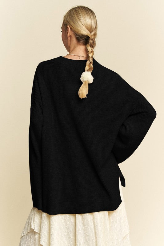 Back To School Sweater - Davi & Dani High-Low Round Neck Drop Shoulder Sweater