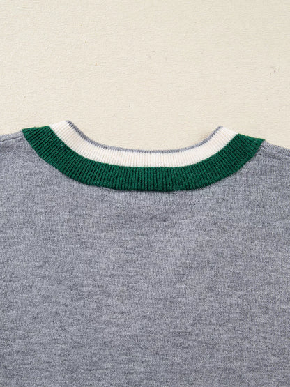 Contrast Striped Trim V Neck Varsity Sweater