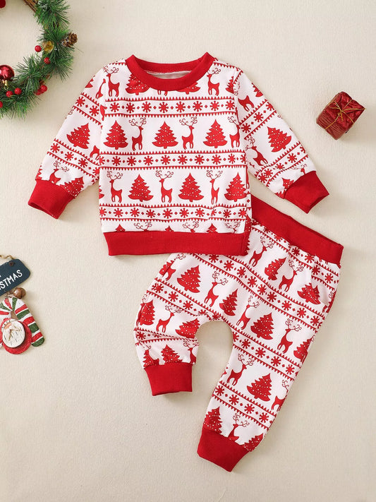 Children's Christmas Reindeer & Tree Print Top and Pants Set