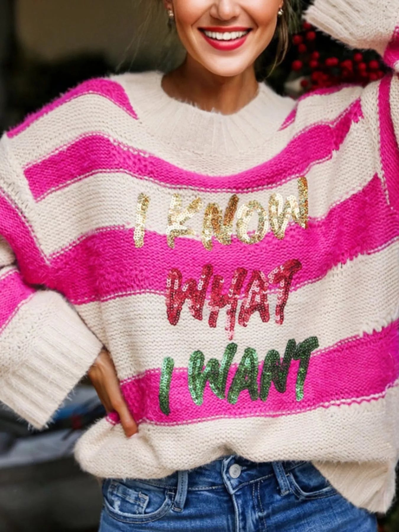 Sequin Letter Graphic Colorblock Loose Sweater