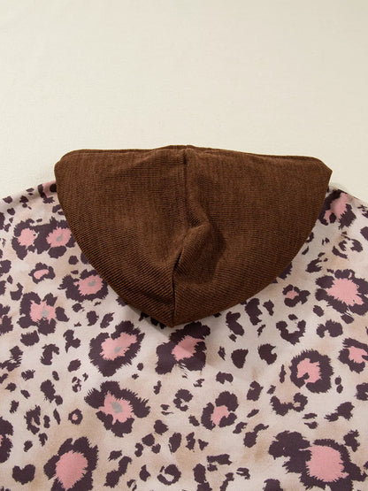 Plus Size Leopard Long Sleeve Drawstring Hoodie