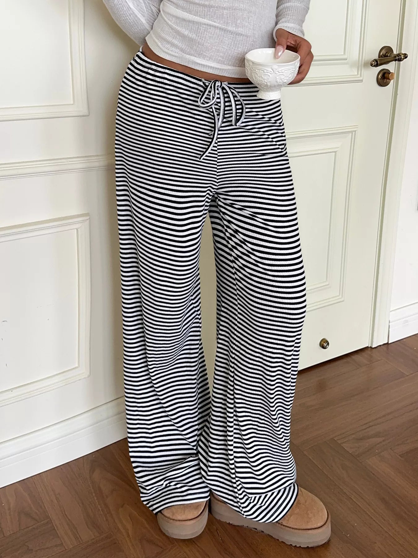 Striped Wide Leg Pants Black