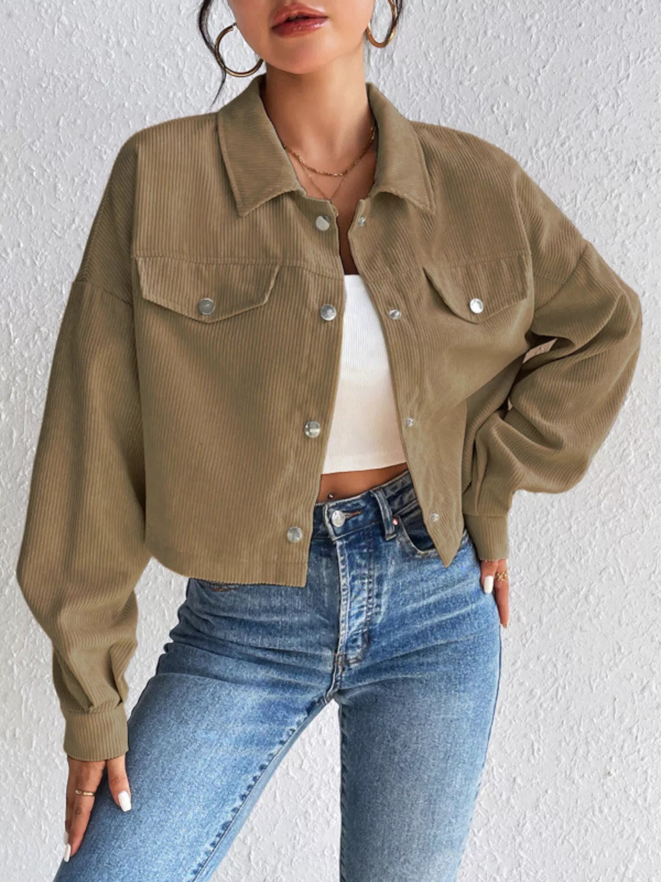 Casual Corduroy Snap Down Cropped Jacket Camel