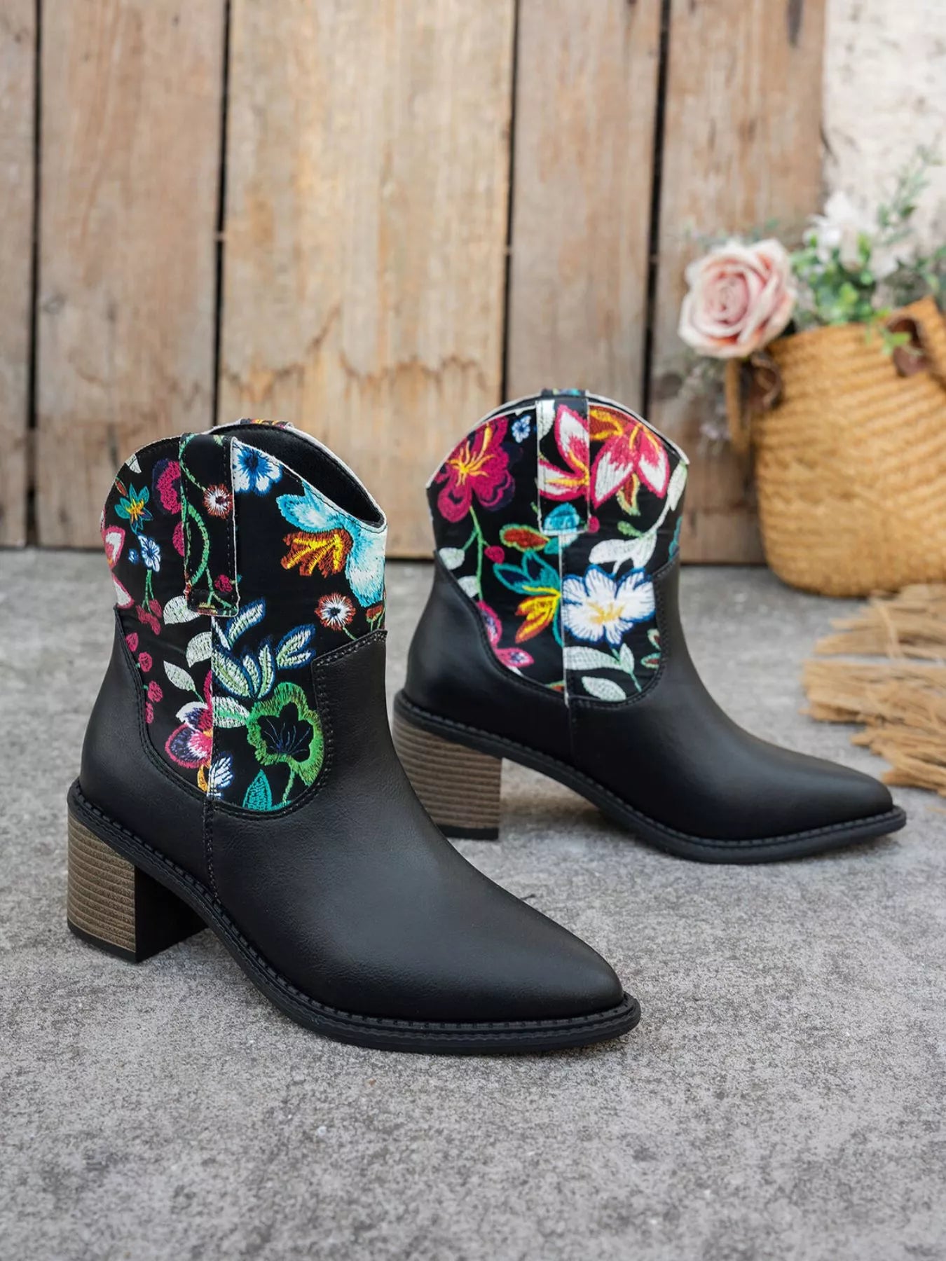Floral Embroidered Western Ankle Boots Black