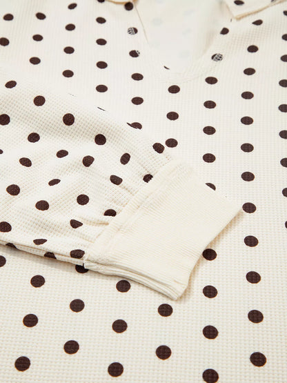 Polka Dot Notched Long Sleeve Top and Drawstring Joggers Lounge Set