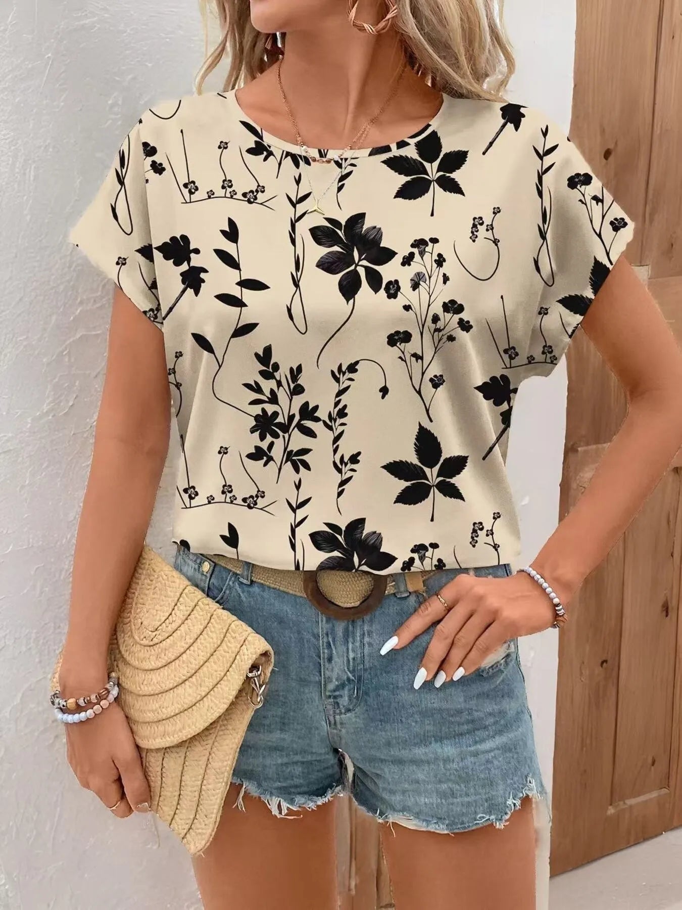 Printed Round Neck Short Sleeve Blouse Apricot