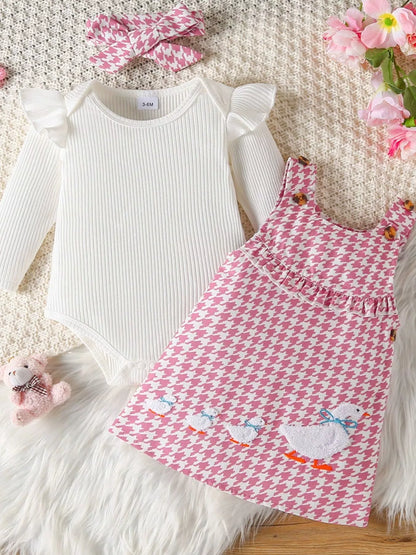 Children's Ruffled Trim Bodysuit and Dress Set with Headband Dusty Pink
