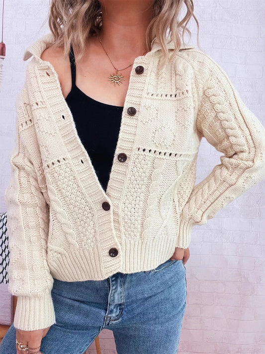 Openwork Cable Knit Button-Up Cardigan Apricot One Size