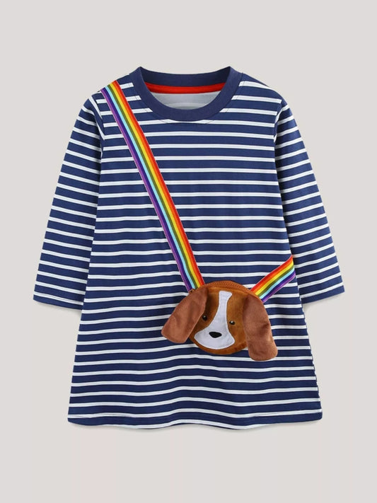 Children's Dog Striped Long Sleeve Dress