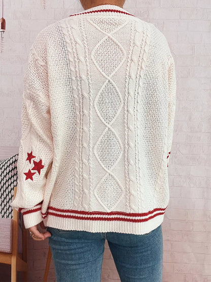 Star Pattern Button-Up Cardigan with Contrast Trim
