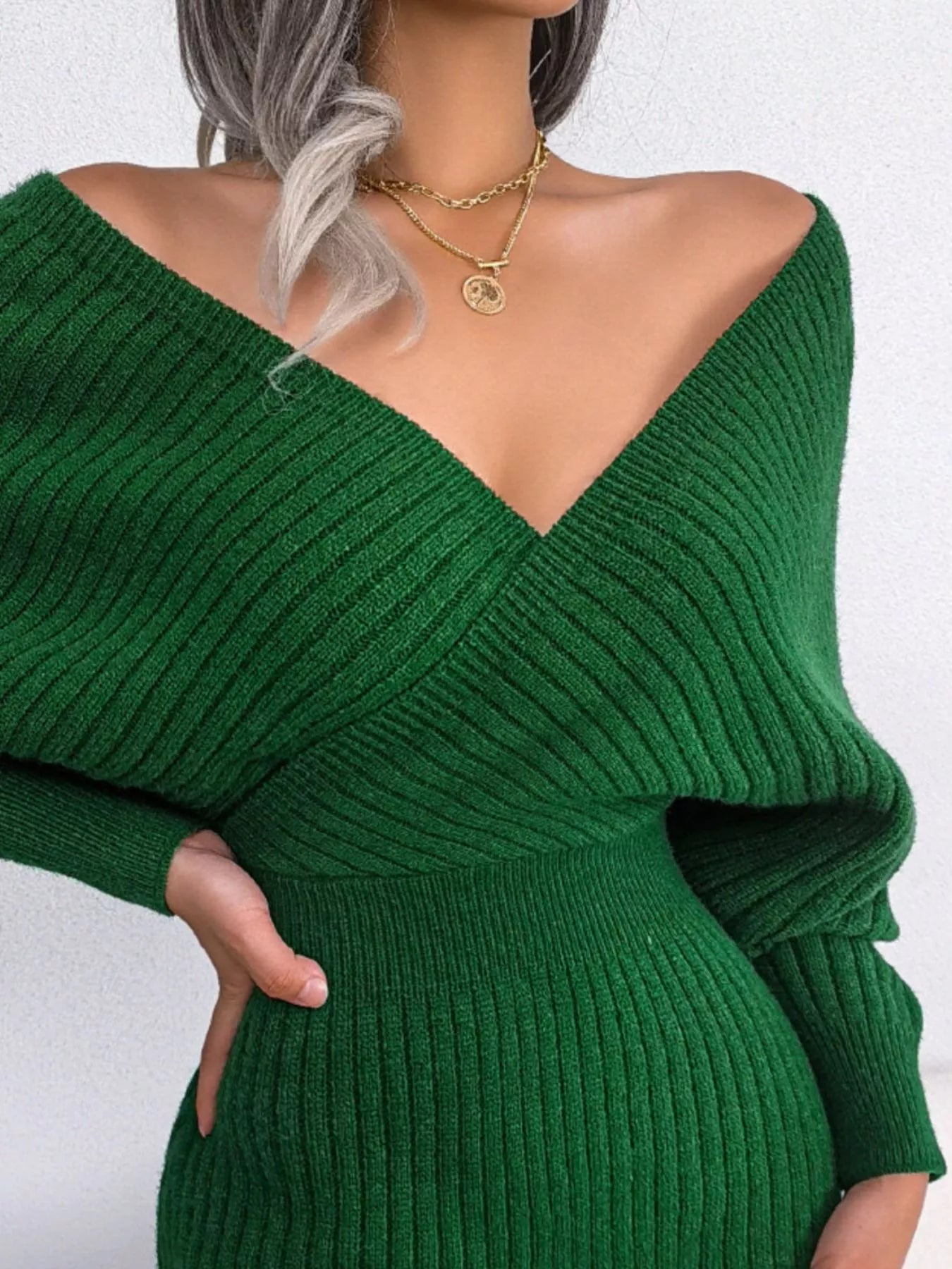 Surplice Long Sleeve Sweater Dress