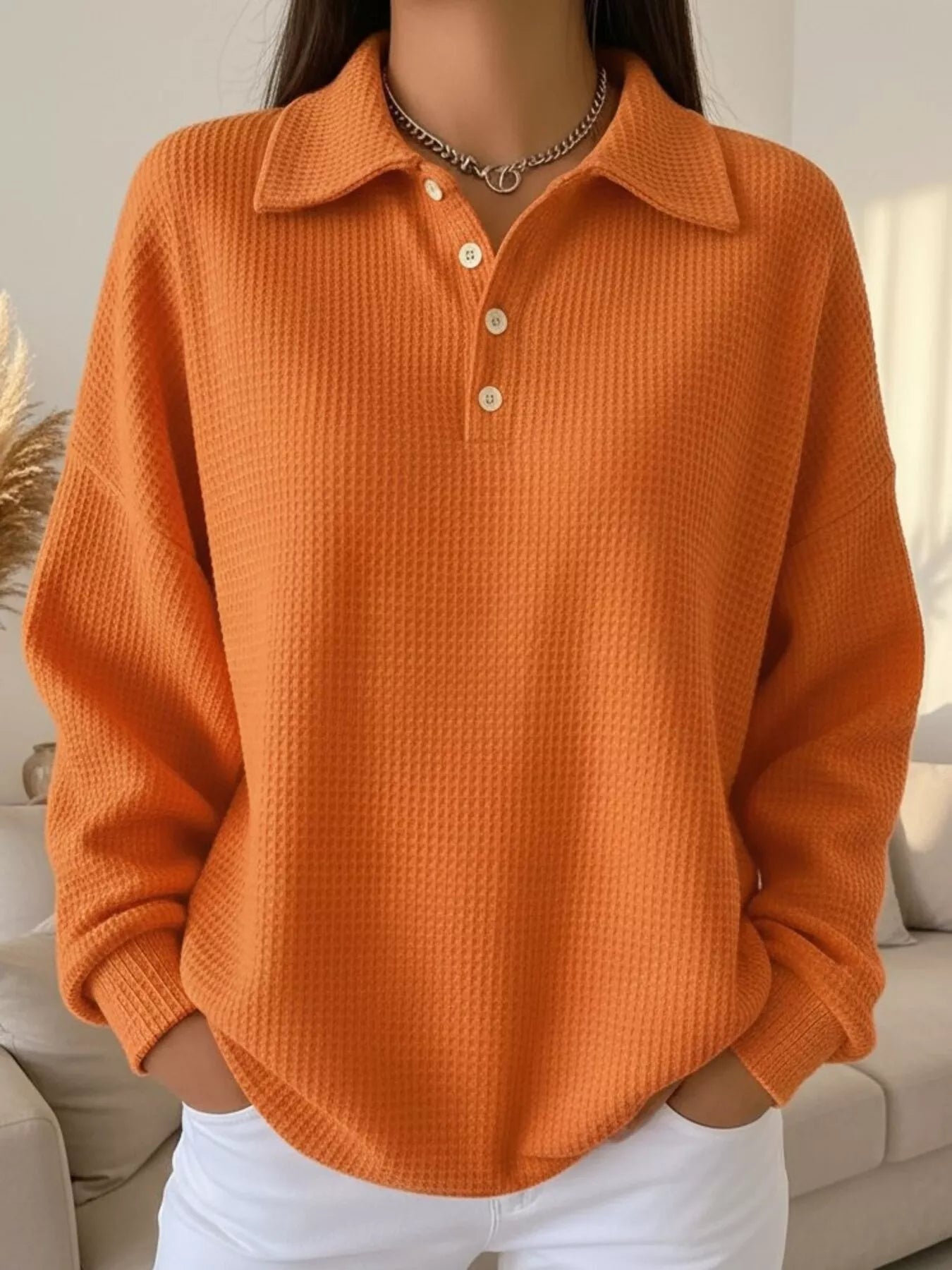 Full Size Waffle Knit Button Detail Sweatshirt Plus Size Orange