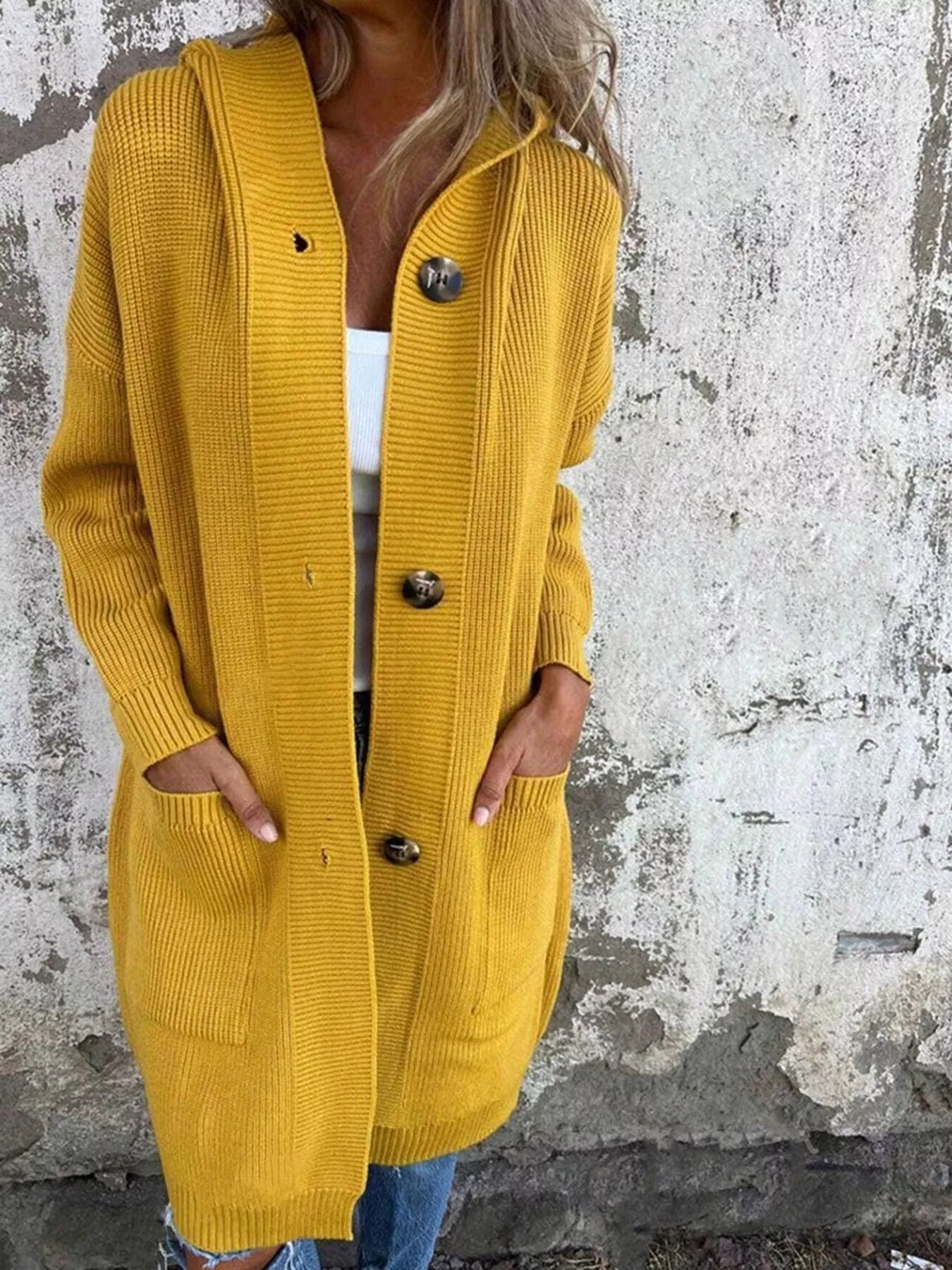 Full Size Button-Down Hooded Cardigan Plus Size Yellow