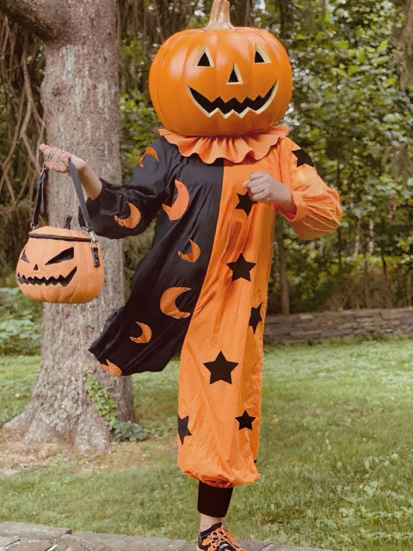 Halloween Two-Tone Star & Moon Print Jumpsuit Tangerine