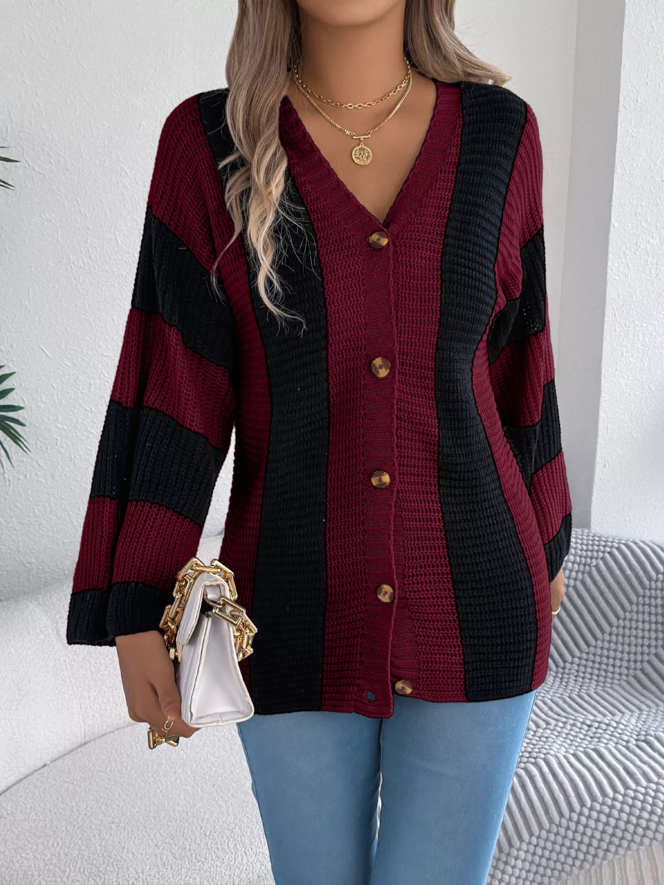 Color Block Button-Up Cardigan