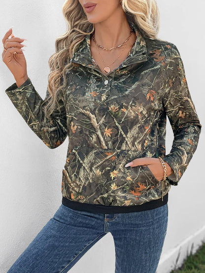 Printed Kangaroo Pocket Long Sleeve Sweatshirt Army Green