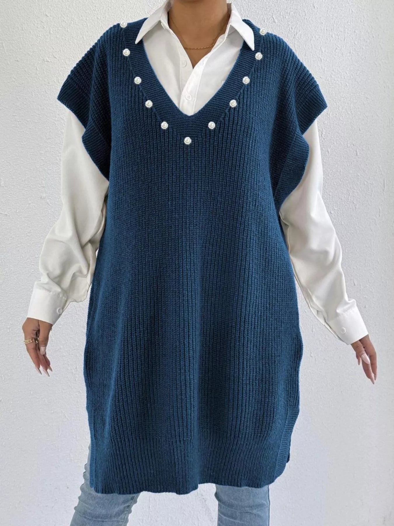 Slit V-Neck Sweater Dress French Blue One Size