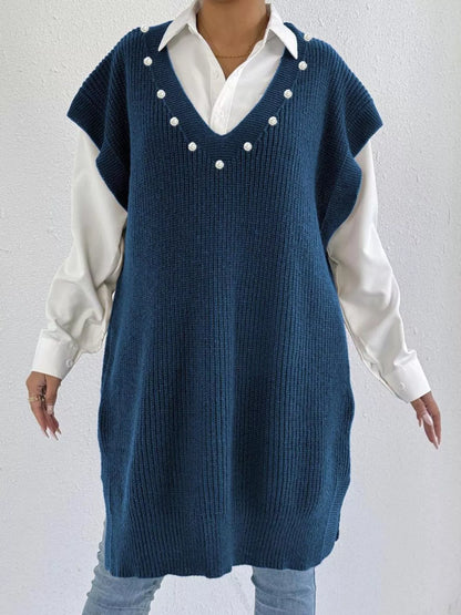 Slit V-Neck Sweater Dress French Blue One Size