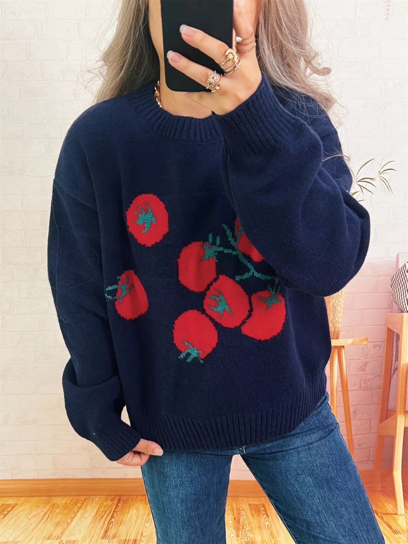 Persimmon Round Neck Long Sleeve Sweater Navy One Size