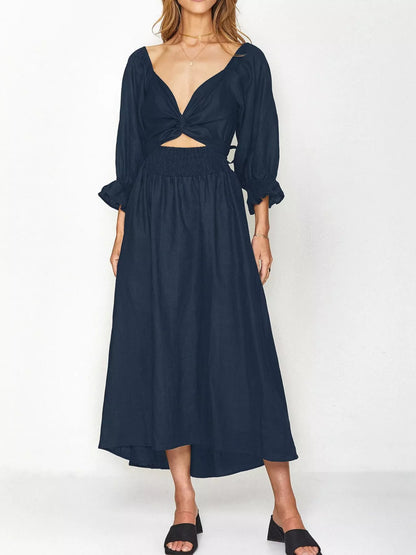 Smocked Puff Sleeves Midi Dress Dark Navy