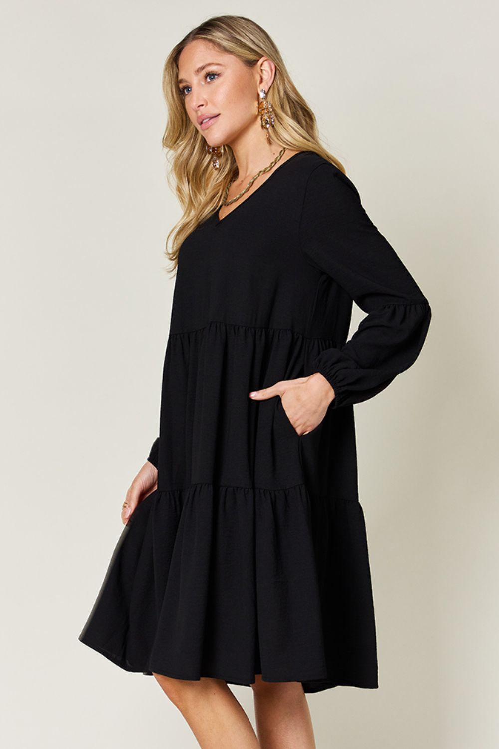V-Neck Balloon Sleeve Tiered Boho Midi Dress