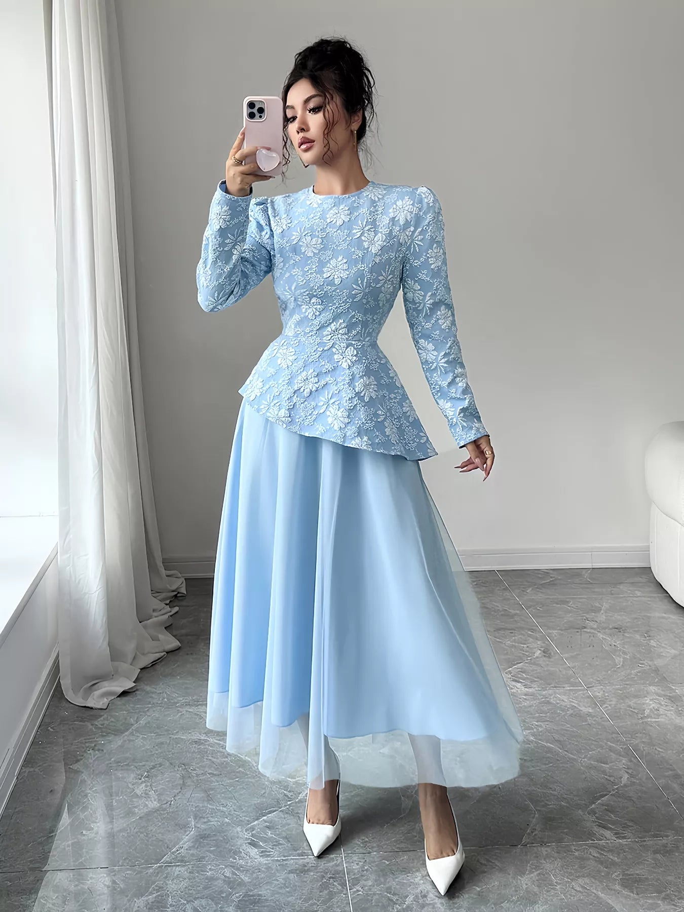 Floral Long Sleeve Tulle Dress