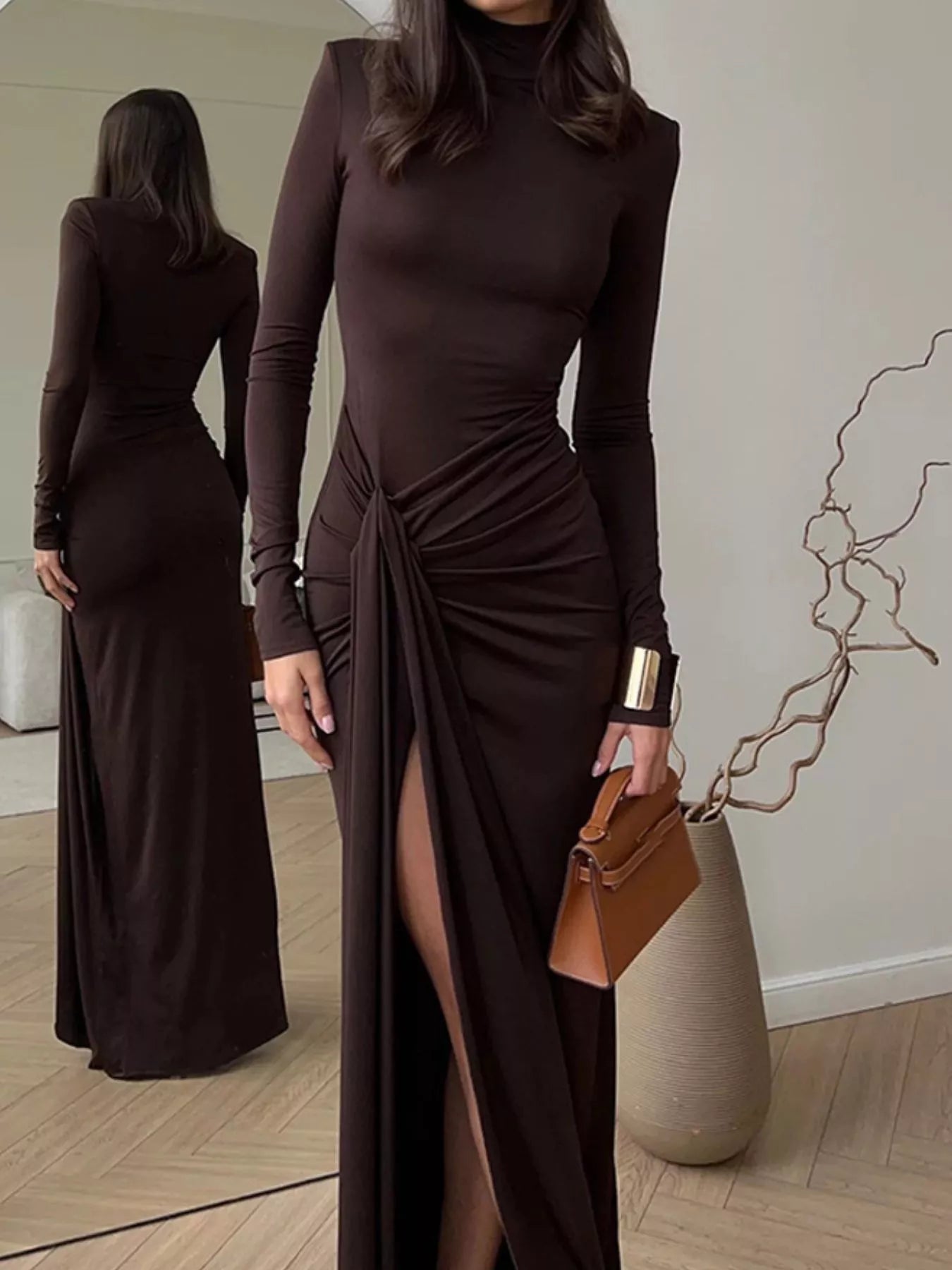 Turtleneck Long Sleeve Slit Maxi Dress Dark Brown