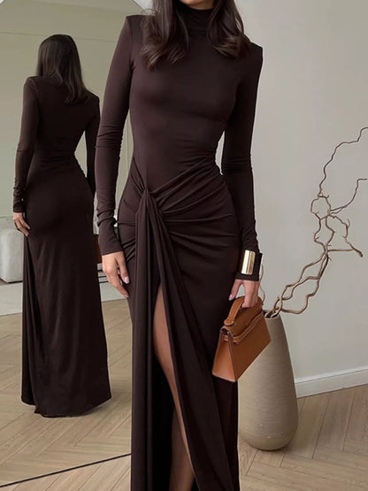 Turtleneck Long Sleeve Slit Maxi Dress Dark Brown