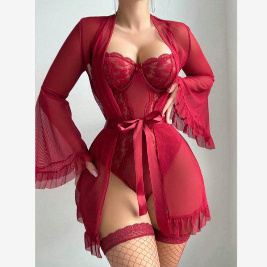 Valentine's Day sexy lingerie sexy solid color lace suspender skirt mesh see-through lace-up robe home clothes Wine Red