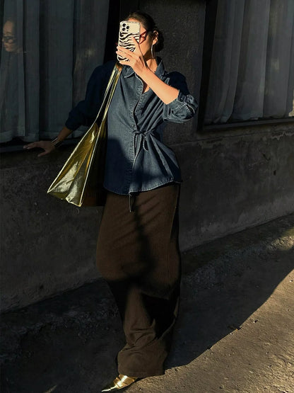 Tie-Waist Long Sleeve Denim Jacket