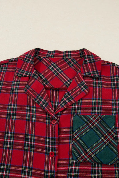 Plaid Contrast Patched Christmas Holiday Long Sleeve Shirt and Short 2pcs Pajama Set