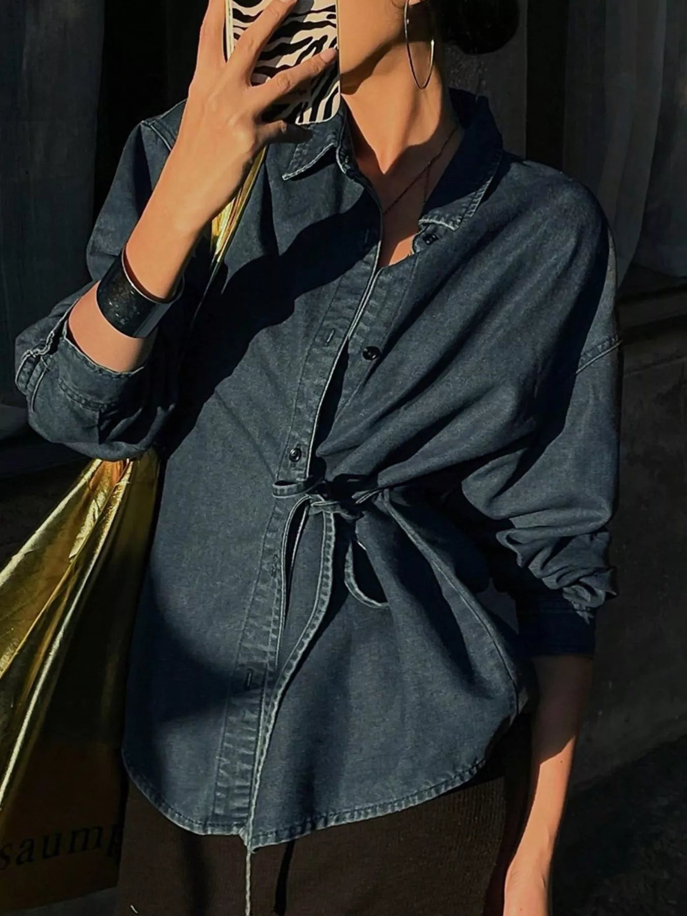 Tie-Waist Long Sleeve Denim Jacket Blue