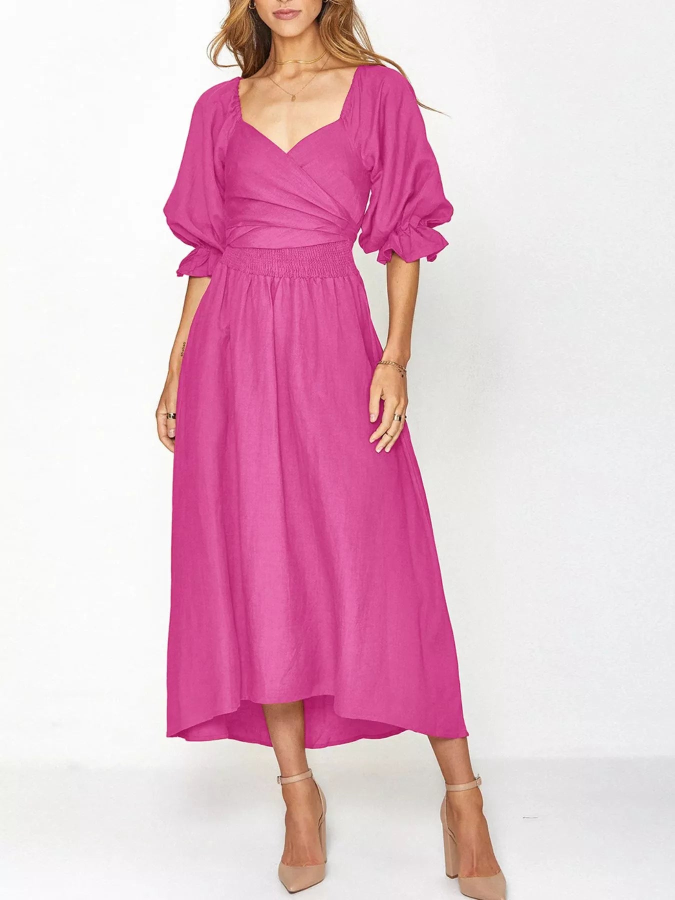 Smocked Puff Sleeves Midi Dress